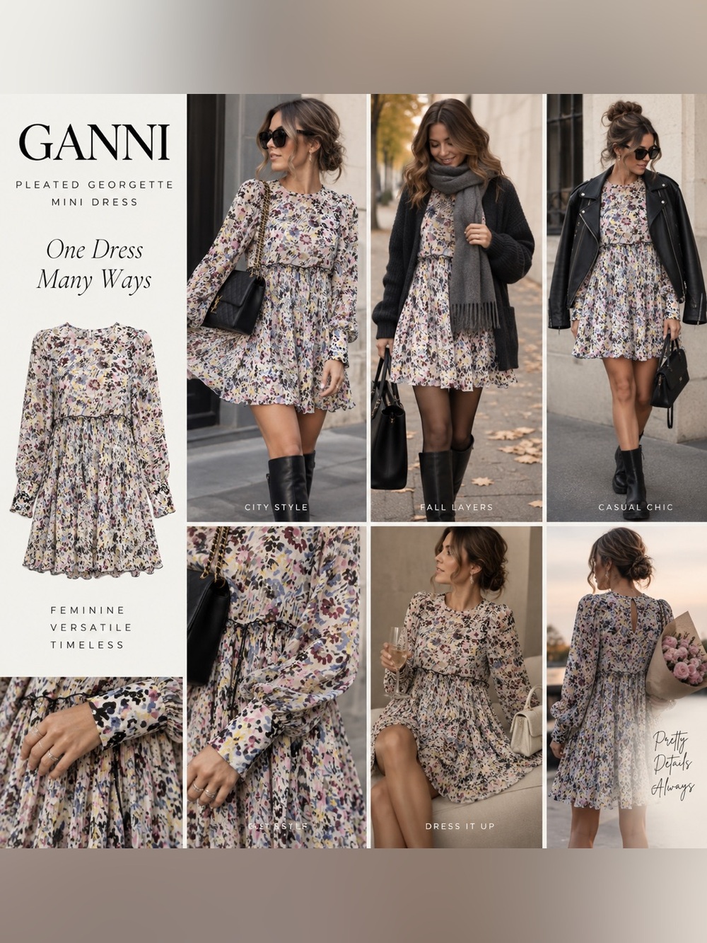 GANNI Pleated Georgette Floral Mini Dress EU 40 US 8 M